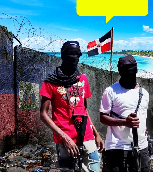 Grenzmauer der mit Haitianischer Flagge und bewaffneten Söldnern