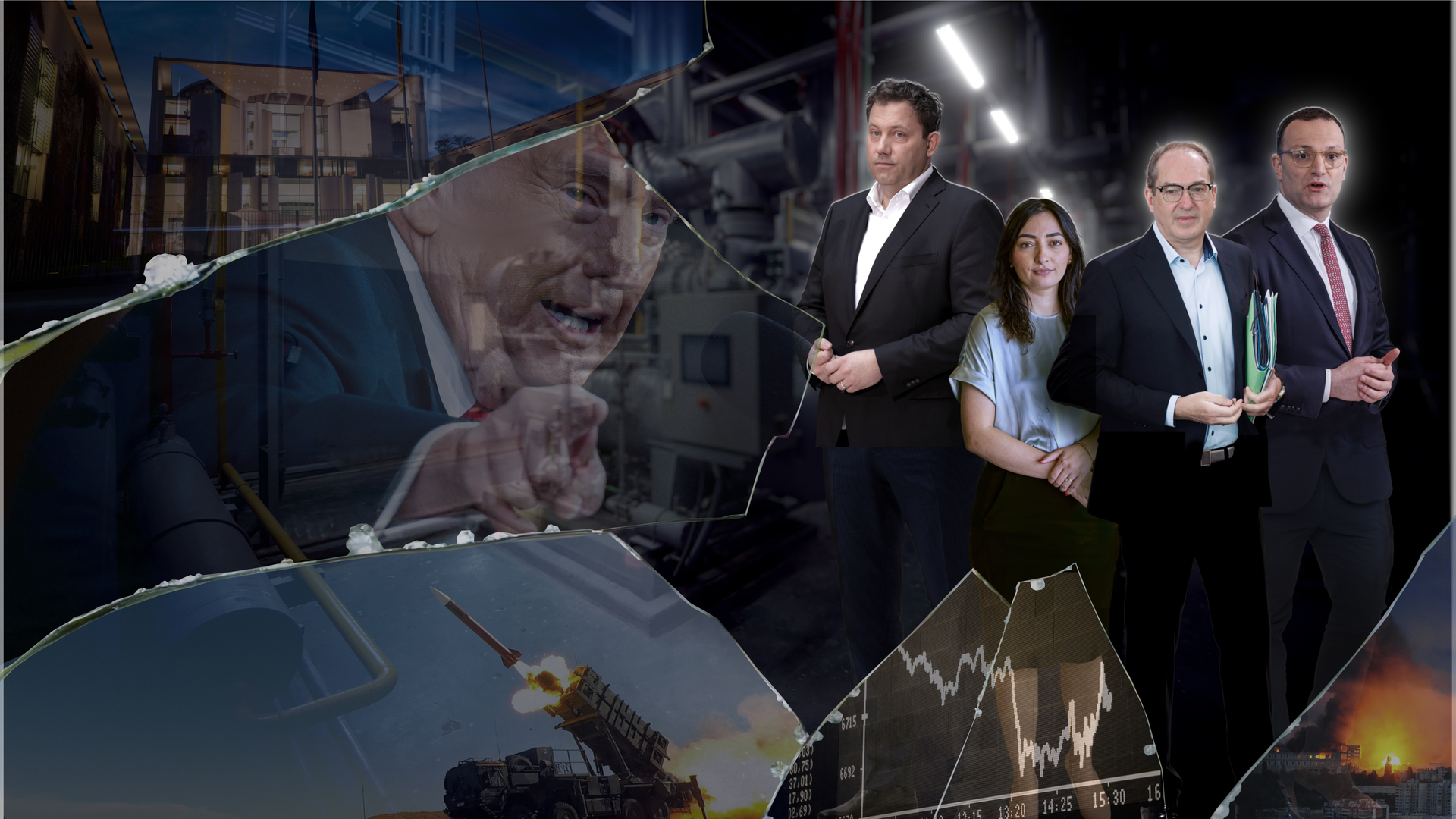 Collage aus Industrieanlage, Politikergruppe, Raketenstart, Börsenchart und zerstörtem Kanzleramt, getrennt durch zerbrochenes Glas.