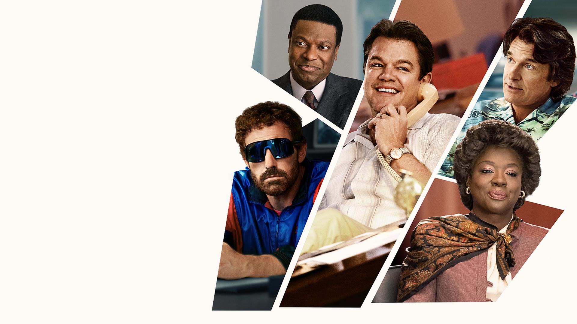  Collage von puzzleteilartigen Fotos von Phil Knight (Ben Affleck, mit blauer Sonnenbrille), Howard White (Chris Tucker), Sonny Vaccaro (Matt Damon, lachend mit Telefonhörer am Ohr), Deloris Jordan (Viola Davis) und Rob Strasser (Jason Bateman) auf einem hellen, cremefarbenen Hintergrund
