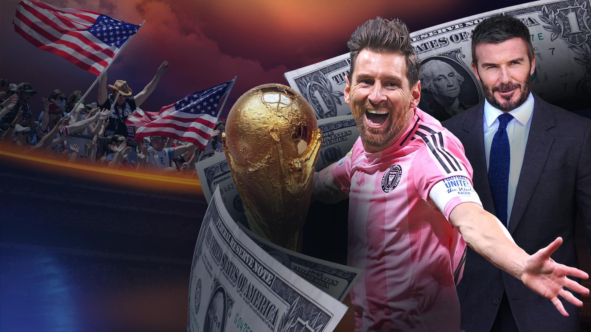 Collage: Ein Fuballer mit einem Pokal jubelt, daneben David Beckham im Anzug, eine Menschenmenge mit USA-Flaggen und amerikanische Dollar.