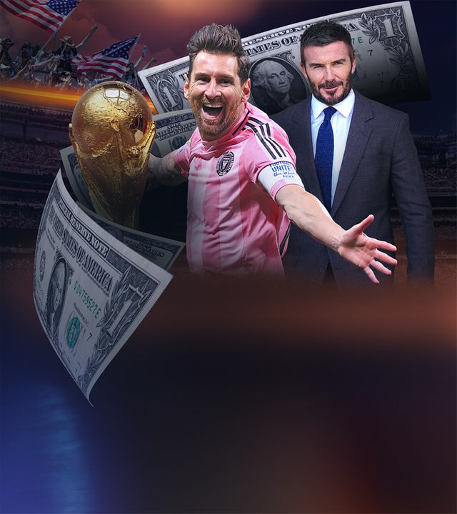 Collage: Ein Fuballer mit einem Pokal jubelt, daneben David Beckham im Anzug, eine Menschenmenge mit USA-Flaggen und amerikanische Dollar.