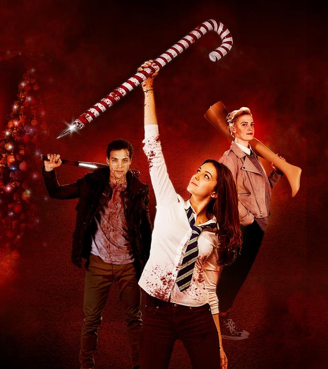 Plakatmotiv zum Film mit Nick (Ben Wiggins, l.) Anna (Ella Hunt, M.), Steph (Sarah Swire, r.) und Zombies im Hintergrund.