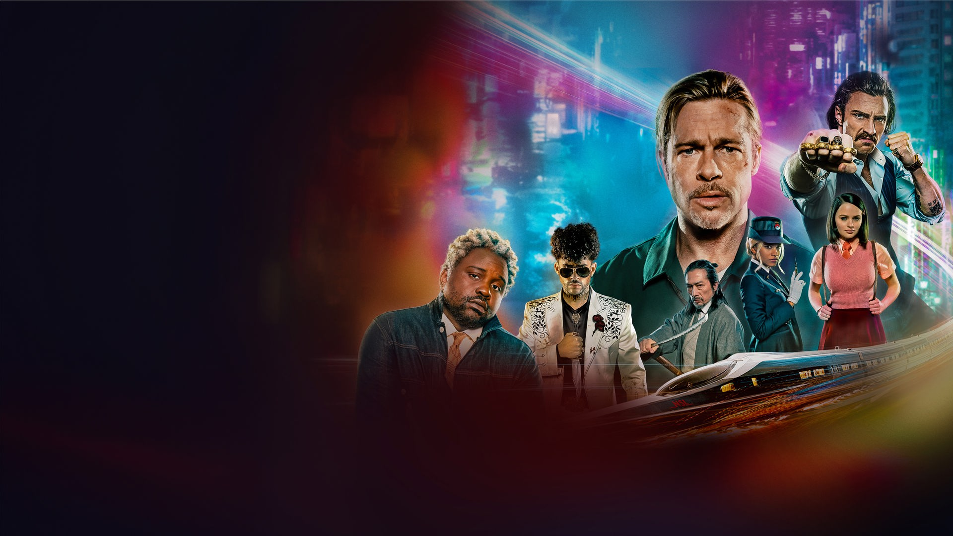 "Bullet Train": Montage: Die Fotos der Stars des Films liegen vor einer Hochhauskulisse, um sie windet sich, wie eine Schlange, eine verfremdete Variante eines japanischen Hochgeschwindigkeitszuges. Abgebildet sind: Lemon (Brian Tyree Henry), der Wolf (Benito A Martínez Ocasio), der Älteste (Hiroyuki Sanada), Ladybug (Brad Pitt), die Wespe (Zazie Beetz), der Prinz (Joey King) und Tangerine (Aaron Taylor-Johnson).