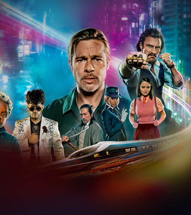 "Bullet Train": Montage: Die Fotos der Stars des Films liegen vor einer Hochhauskulisse, um sie windet sich, wie eine Schlange, eine verfremdete Variante eines japanischen Hochgeschwindigkeitszuges. Abgebildet sind: Lemon (Brian Tyree Henry), der Wolf (Benito A Martínez Ocasio), der Älteste (Hiroyuki Sanada), Ladybug (Brad Pitt), die Wespe (Zazie Beetz), der Prinz (Joey King) und Tangerine (Aaron Taylor-Johnson).