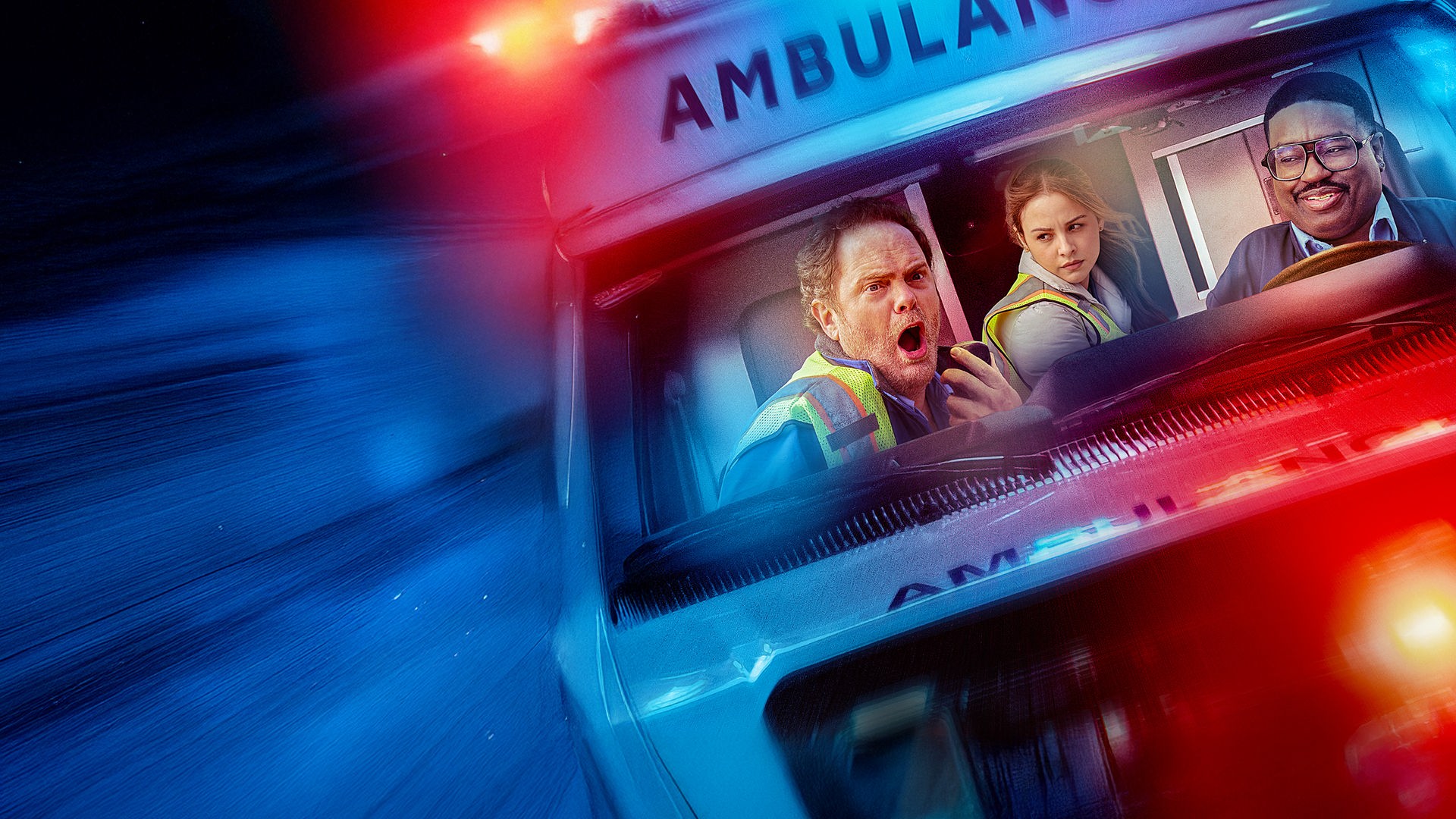 Ein Filmplakat zeigt drei Sanitäter in Warnwesten, die gestresst und wild aus der Windschutzscheibe eines Krankenwagens blicken. Links am Steuer sitzt Randy (Rainn Wilson) mit aufgerissenem Mund am Funkgerät, während im Hintergrund Jessica (Aimee Carrero) besorgt schaut und rechts Mike (Lil Rel Howery) mit Brille steuert.