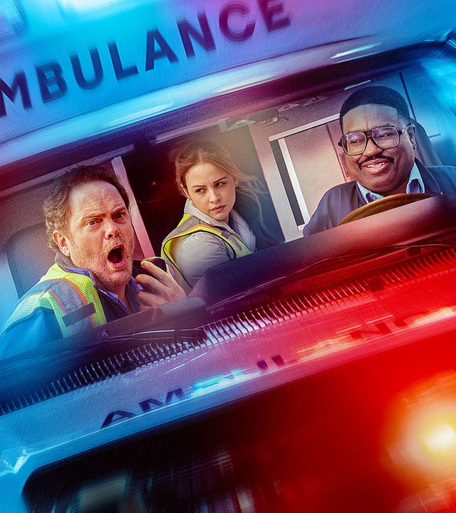 Ein Filmplakat zeigt drei Sanitäter in Warnwesten, die gestresst und wild aus der Windschutzscheibe eines Krankenwagens blicken. Links am Steuer sitzt Randy (Rainn Wilson) mit aufgerissenem Mund am Funkgerät, während im Hintergrund Jessica (Aimee Carrero) besorgt schaut und rechts Mike (Lil Rel Howery) mit Brille steuert.