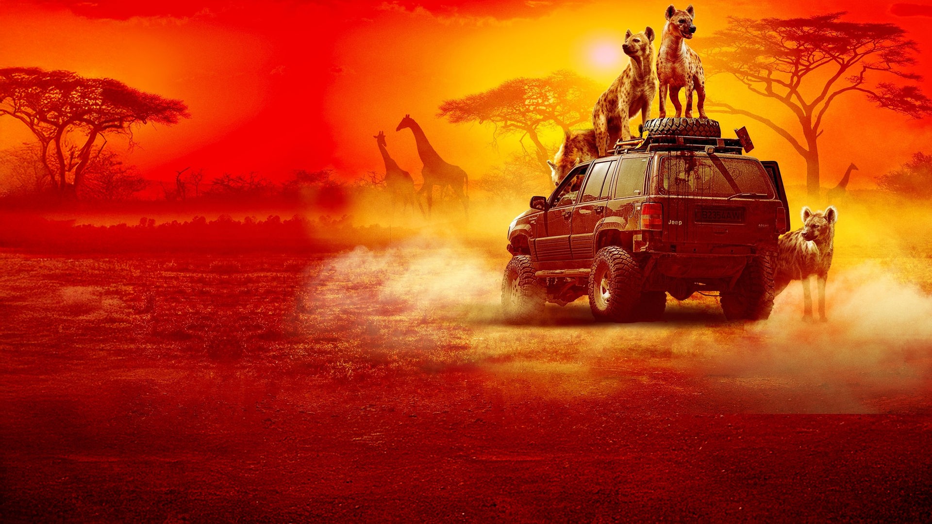 Plakatmotiv mit einem Jeep, auf dessen Dach Hyänen stehen, vor dem Hintergrund der afrikanischen Savanne mit zwei Giraffen.