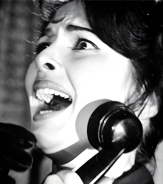 Valerie Howett (Karin Dor) schaut in Großaufnahme mit angsterfülltem Blick eine maskierte Person ihr gegenüber an, während sie einen Telefonhörer in der Hand hält.