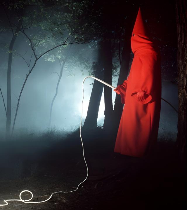 Betty Falks (Grit Boettcher) steht erschrocken in einem dunklen Wald einem Mönch mit einer Peitsche gegenüber, während sie einen großen Koffer in ihrer Hand hält.
