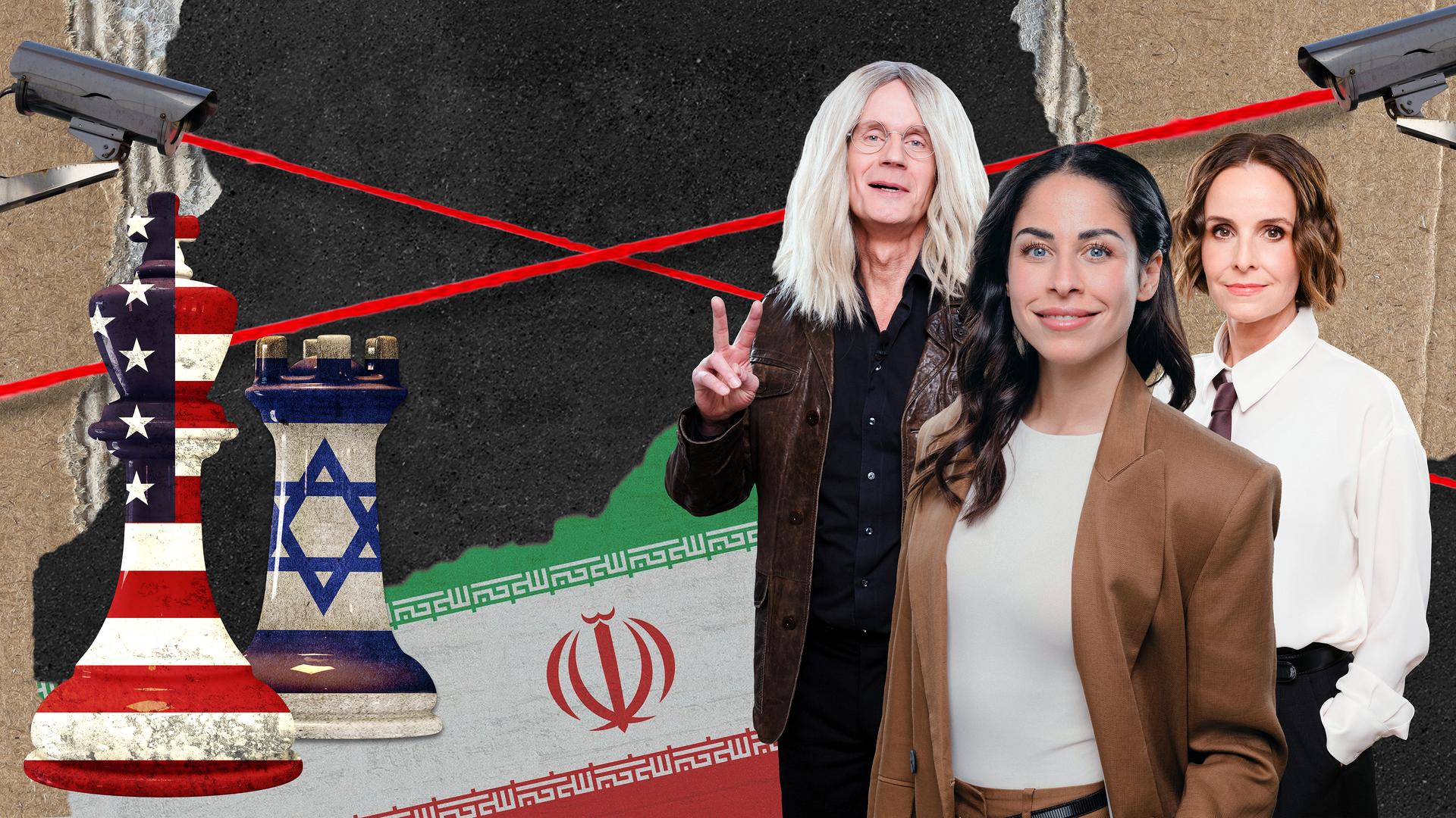Rechts in der Collage sind Max Uthoff, Negah Amiri und Maike Kühl abgebildet. Auf der linken Seite stehen zwei Schachfiguren mit den Mustern der US- und der israelischen Flagge. Dahinter ist die iranische Flagge abgebildet. In den oberen Ecken befinden sich Überwachungskameras.