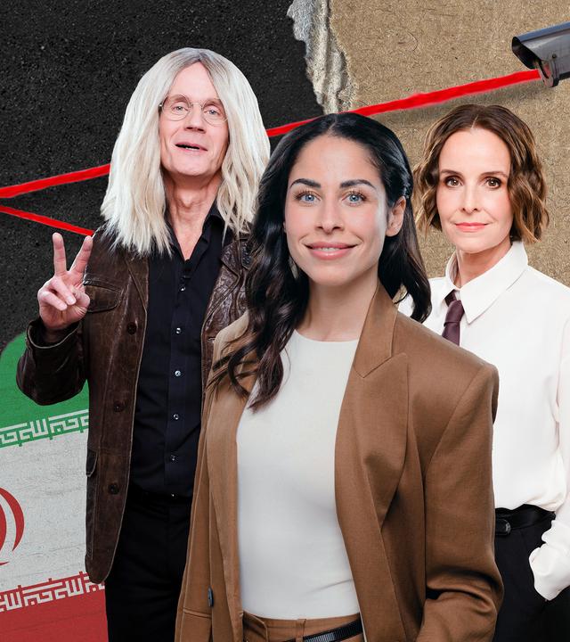 Rechts in der Collage sind Max Uthoff, Negah Amiri und Maike Kühl abgebildet. Auf der linken Seite stehen zwei Schachfiguren mit den Mustern der US- und der israelischen Flagge. Dahinter ist die iranische Flagge abgebildet. In den oberen Ecken befinden sich Überwachungskameras.