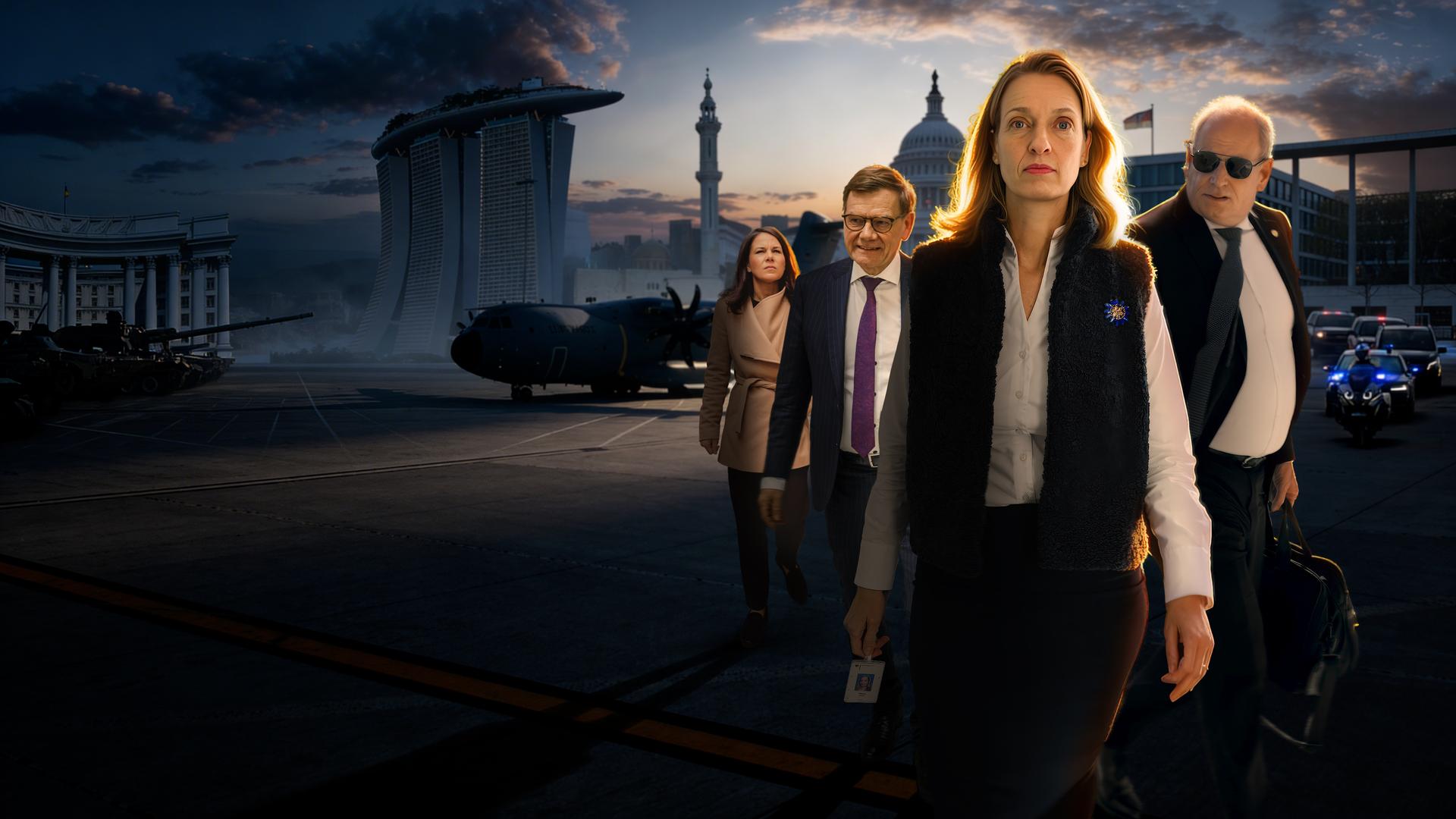 Manja Kliese (Krisenreaktionszentrum), Jens Hanefeld (Botschafter in den USA), Johann Wadephul (Außenminister) und Annalena Baerbock (Außenministerin 2021-2025) im Vordergrund, im Hintergrund ein Flugzeug der Luftwaffe, das Weiße Haus, das Auswärtige Amt und Marina Bay Sands.