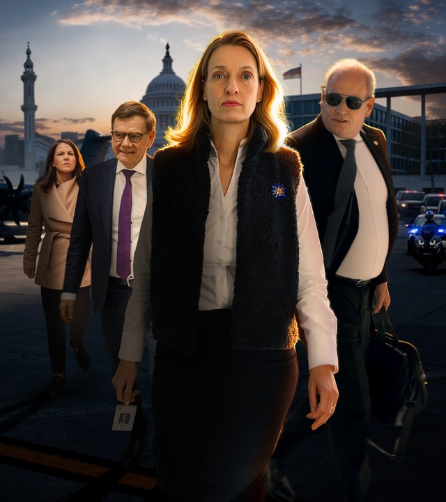 Manja Kliese (Krisenreaktionszentrum), Jens Hanefeld (Botschafter in den USA), Johann Wadephul (Außenminister) und Annalena Baerbock (Außenministerin 2021-2025) im Vordergrund, im Hintergrund ein Flugzeug der Luftwaffe, das Weiße Haus, das Auswärtige Amt und Marina Bay Sands.