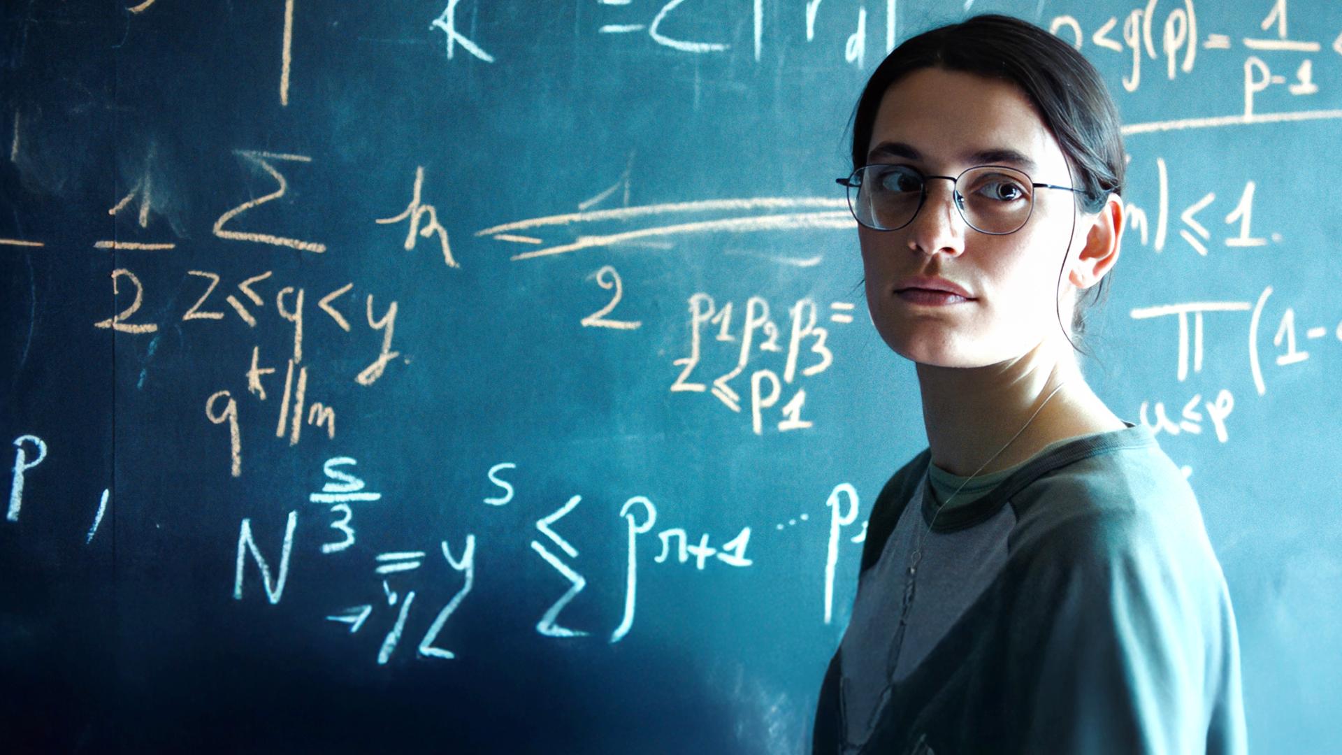 Die Pariser Doktorandin Marguerite (Ella Rumpf) lebt für die Mathematik. "Die Gleichung ihres Lebens": Nahaufnahme: Marguerite (Ella Rumpf) steht neben einer Tafel voll mathematischer Formeln und blickt auf etwas hinter der Kamera.
