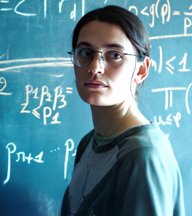Die Pariser Doktorandin Marguerite (Ella Rumpf) lebt für die Mathematik. "Die Gleichung ihres Lebens": Nahaufnahme: Marguerite (Ella Rumpf) steht neben einer Tafel voll mathematischer Formeln und blickt auf etwas hinter der Kamera.