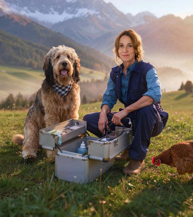 Johanna Maiwald (Doris Schretzmayer), Tierärztin in Maria Alm, steht vor einer grünen Bergkulisse mit eisbedeckten Spitzen. Sie trägt ein Stethoskop um den Hals. Vor ihr sitzt ein großer langhaariger Hund mit einem Stofftuch um den Hals. Hinter ihr schaut neugierig der Kopf eines Kalbs hervor. es hat ein paar Löwenzahnblüten im Maul.