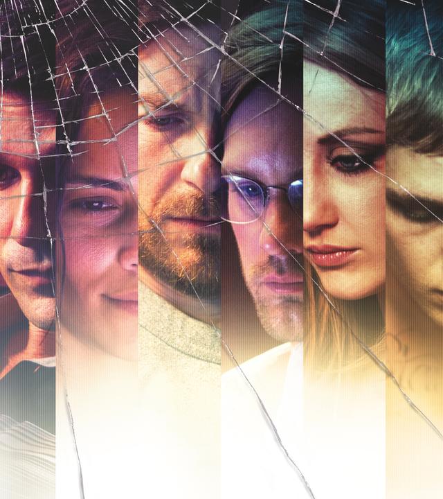 DisconMontage: Die Gesichter von Mike Dixon (Frank Grillo), Cindy Hull (Paula Patton), Rich Boyd (Jason Bateman), Derek Hull (Alexander Skarsgård), Nina Dunham (Andrea Riseborough) und Kyle (Max Thieriot) liegen nebeneinandernect