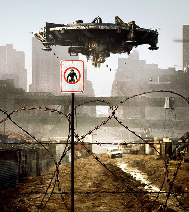 Plakatmotiv zum FIlm "District 9": Ein Raumschiff schwebt über einem mit Stacheldraht umzäunten Stadtgebiet.
