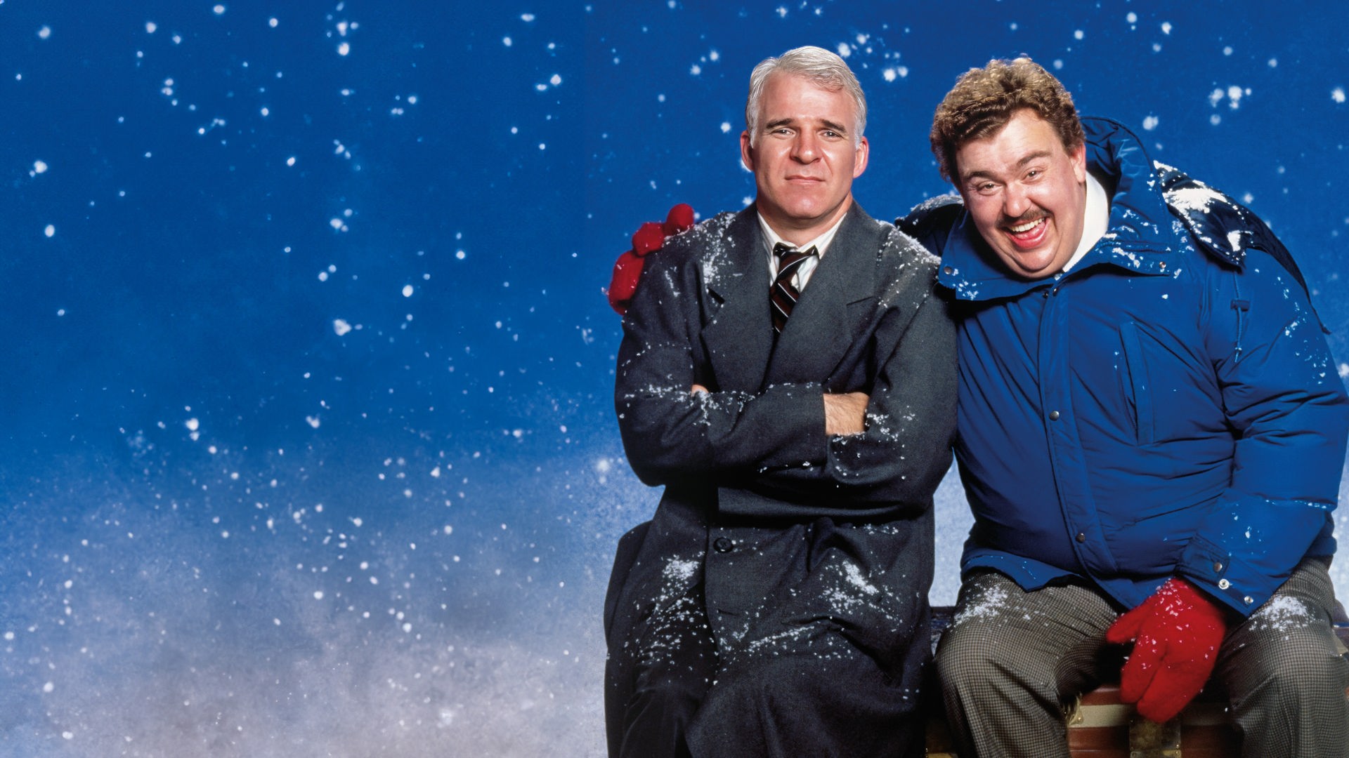 "Ein Ticket für zwei": Neal (Steve Martin) und Del (John Candy) sitzen nebeneinander. Del hat den rechten Arm um Neals Schulter gelegt und lacht. Neal schaut gequält. Im Hintergrund rieseln Schneeflocken.