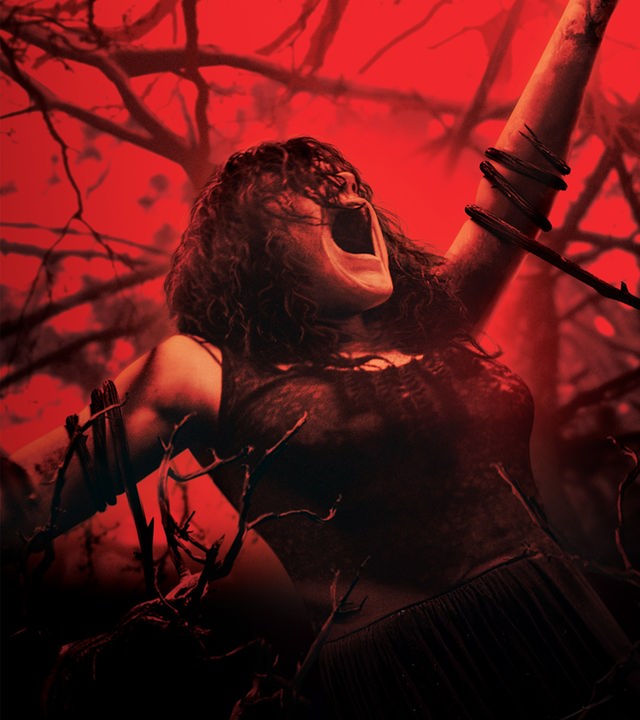 Plakatmotiv zum Film mit Jane Levy. In einem bedrohlich rot beleuchteten Wald reckt Mia ängstlich und qualvoll den Arm nach oben, während sie versucht, sich aus Ästen und Ranken zu befreien, die sie an den Armen und Beinen fesseln.