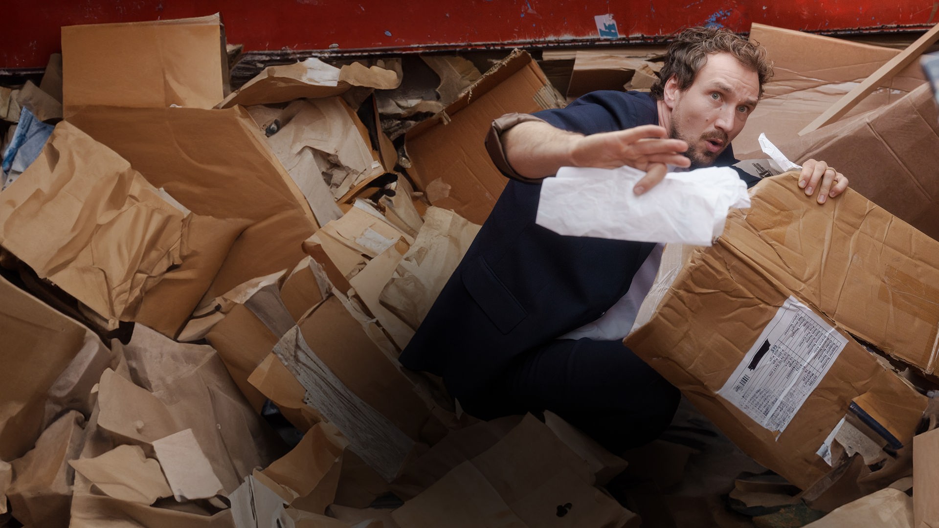 Georg Sommer (Jan Krauter) wird von Sara (Claudia Wiedemer) dabei erwischt, wie er im Altpapiercontainer Quittungen für die Abrechnung der Kita sammelt.