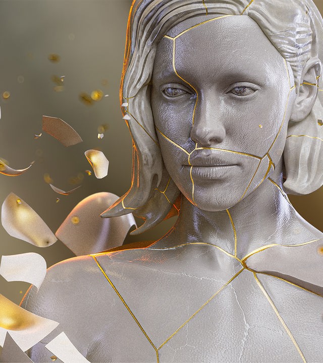Büste einer Frau mit Rissen, die durch die Kintsugi-Technik repariert sind.