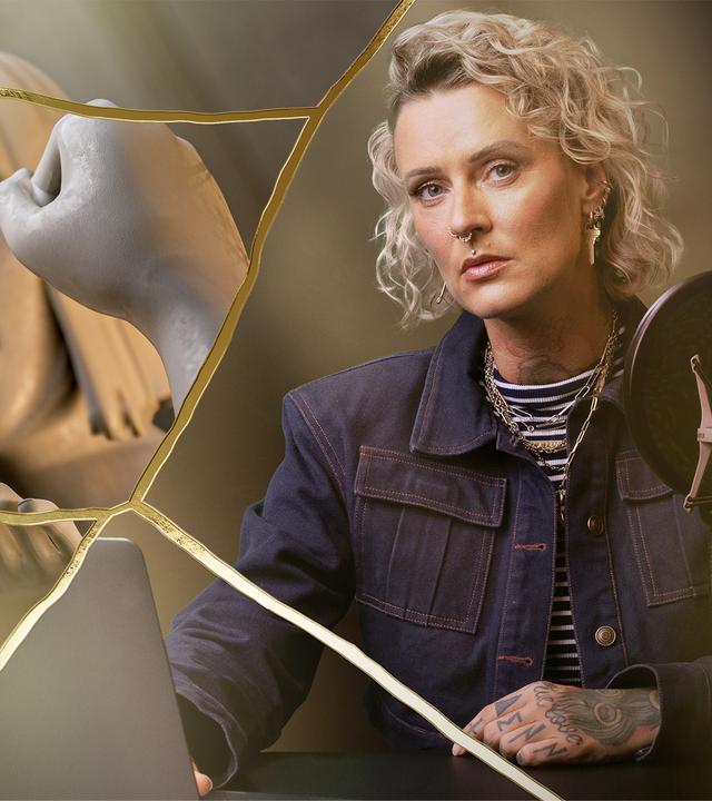 Bildmontage: Jennifer Rostock und Figuren eines Mannes, der eine Frau schlägt