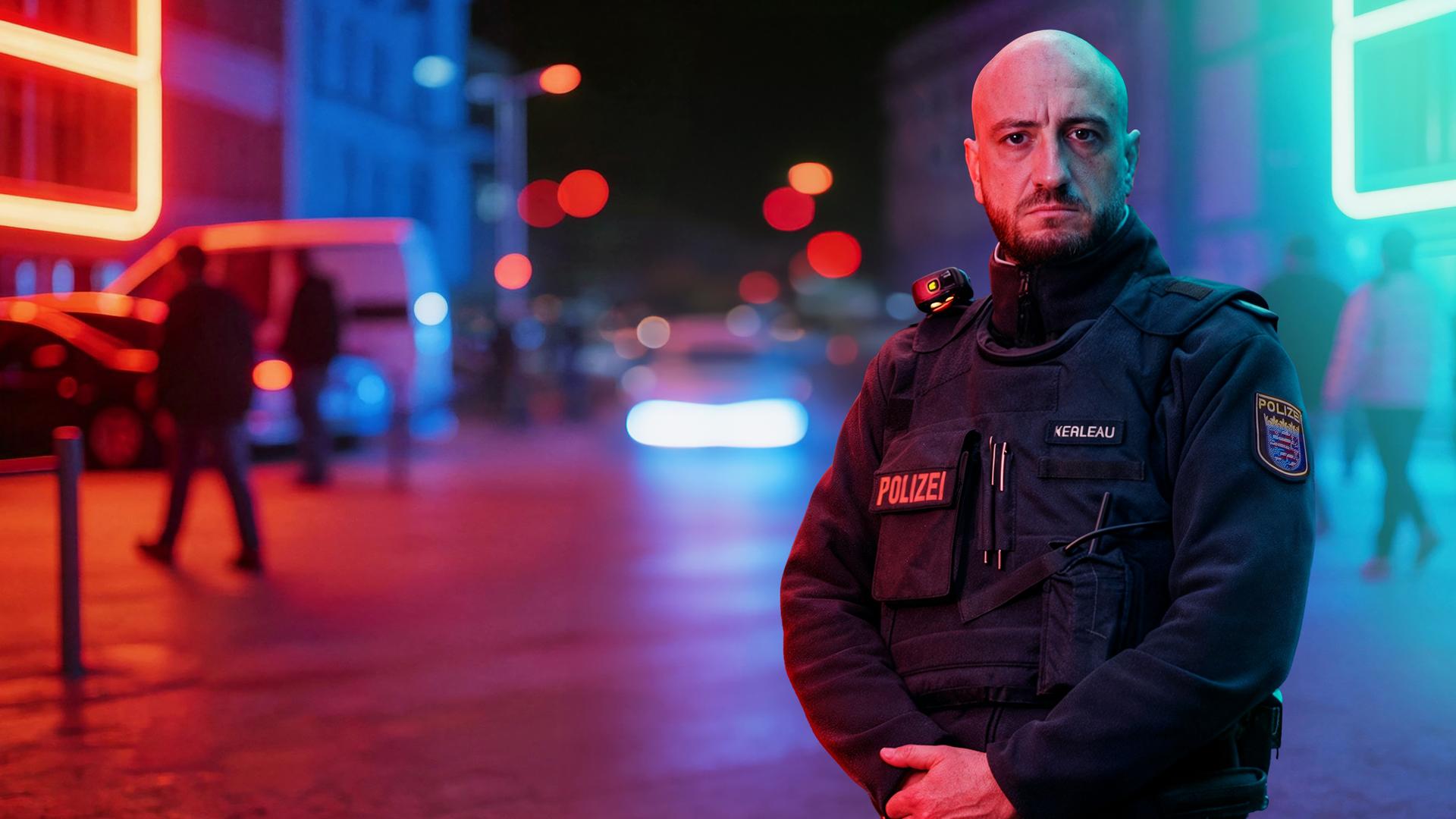 Ein Mann (Polizist) guckt ernst in die Kamera, seine Arme sind verschränkt, der Hintergrund ist mit KI bearbeitet worden.