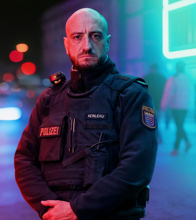 Ein Mann (Polizist) guckt ernst in die Kamera, seine Arme sind verschränkt, der Hintergrund ist mit KI bearbeitet worden.