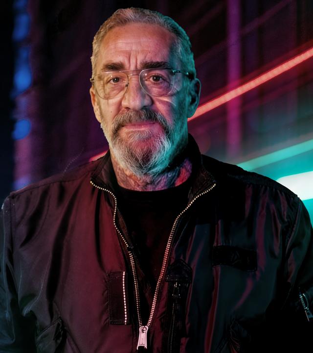 Ein Mann in schwarzer Bomberjacke ist im Vordergrund zu sehen. Im Hintergrund sind Hochhäuser zu erkennen. Der Hintergrund sowie die Lichteffekte sind mit KI bearbeitet. 