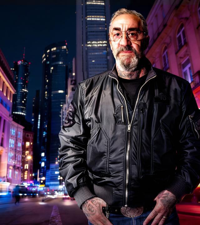Streetworker Roberto Carelli mit verschränkten Armen vor dem Nachtbus und der Drogenhilfe "Eastside"