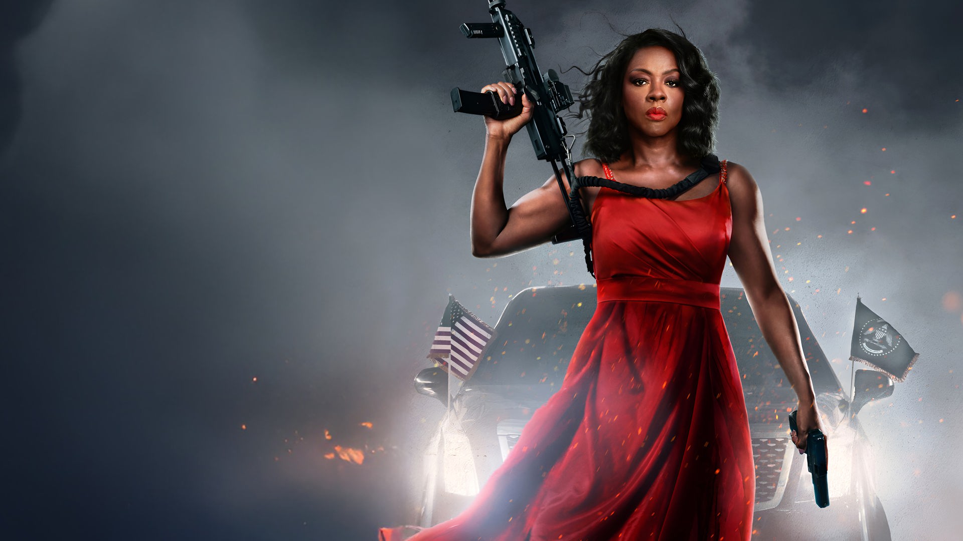 US-Präsidentin Danielle Sutton (Viola Davis) steht bewaffnet vor ihrer Präsidentenlimousine.
