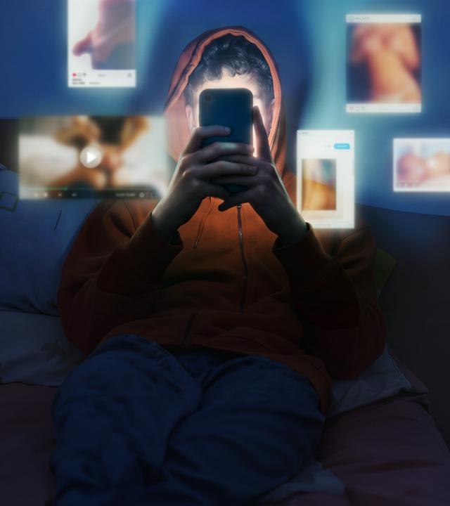 „Generation Porno“: Jugendliche Person im Kapuzenpulli sitzt im dunklen Zimmer auf einem Bett, das Gesicht vom Smartphone verdeckt und erleuchtet; rundherum erscheinen unscharfe Vorschaufenster expliziter Online-Inhalte.