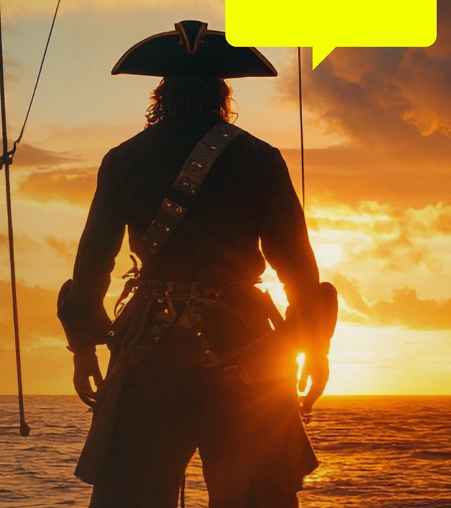 Rechts die Totalaufnahme eines Piraten von hinten, er blickt in den Sonnenuntergang.