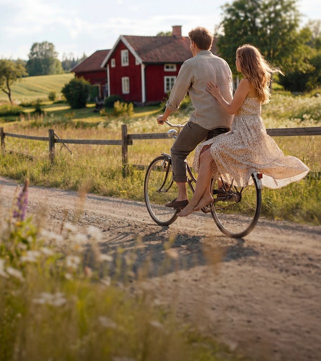 Ein junger Mann fährt eine junge Frau auf seinem Gepäckträger seines Fahrrads durch die sommerliche schwedische Landschaft . Ihr Kleid weht im Wind. Hintergrund steht ein rotes Haus. (KI-generiert)