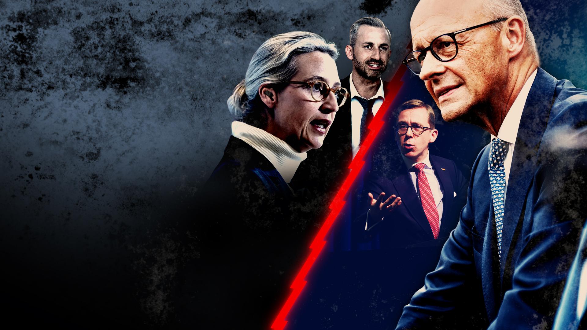 Alice Weidel und Ulrich Siegmund stehen Friedrich Merz und Philipp Amthor in einer Montage gegenüber.