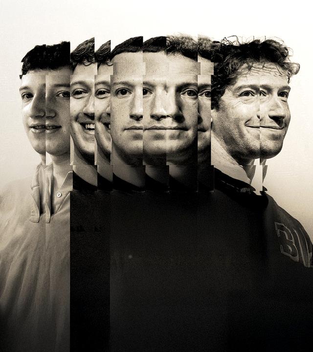 Fotomontage zeigt die Facetten des Mark Zuckerberg: Aus einzelnen Streifen älterer und neuerer Fotos setzt sich ein Portrait zusammen.