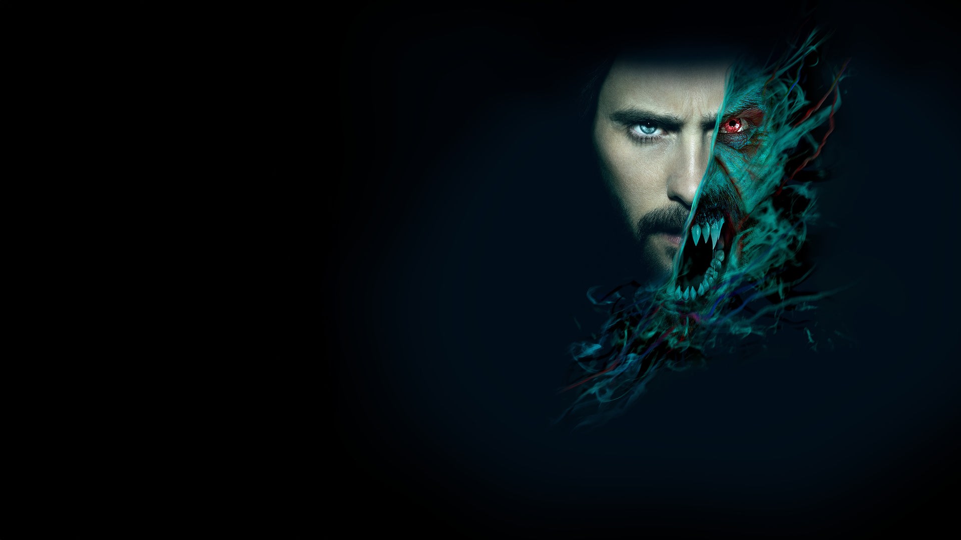 Morbius (Jared Leto) Das Gesicht von Morbius (Jared Leto) ist halb Mensch, halb Vampir.