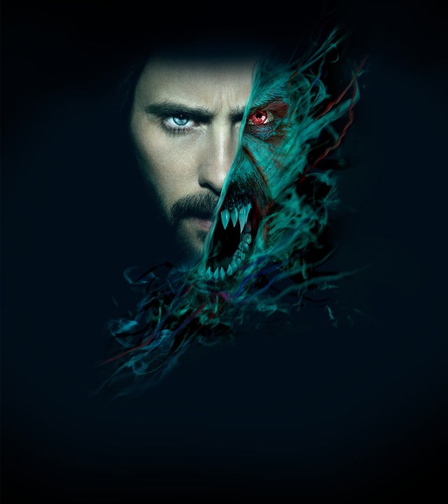 Morbius (Jared Leto) Das Gesicht von Morbius (Jared Leto) ist halb Mensch, halb Vampir.