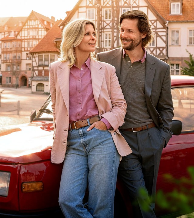 Katharina (Valerie Niehaus) und Sascha Falk (Bert Tischendorf) lehnen an der Motorhaube eines roten Autos. Im Hintergrund ist das thüringische Eisenach zu erkennen. 