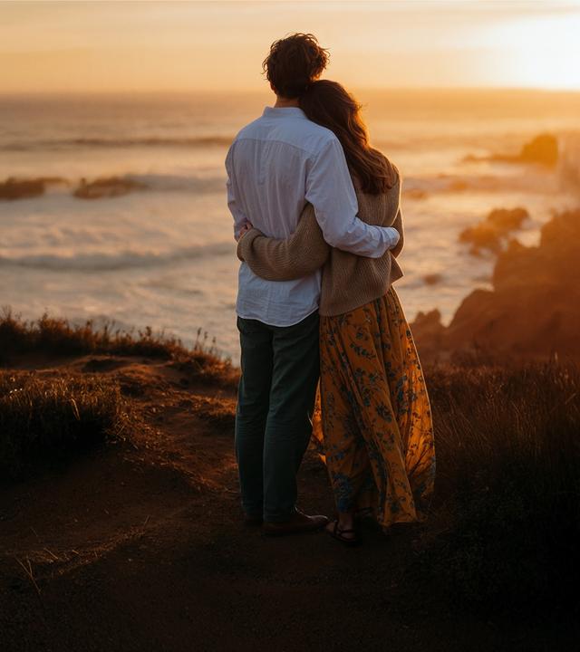 Ein Paar steht auf einem bewachsenen Klippenabsatz und schaut bei Sonnenuntergang auf das Meer. Die Frau trägt einen langen, gelben Rock mit Blumenmuster und einen beigen Pullover, der Mann ein weißes Hemd und grüne Hose. Beide sind von hinten zu sehen und umarmen sich. Die Szene vermittelt Ruhe und Nähe.