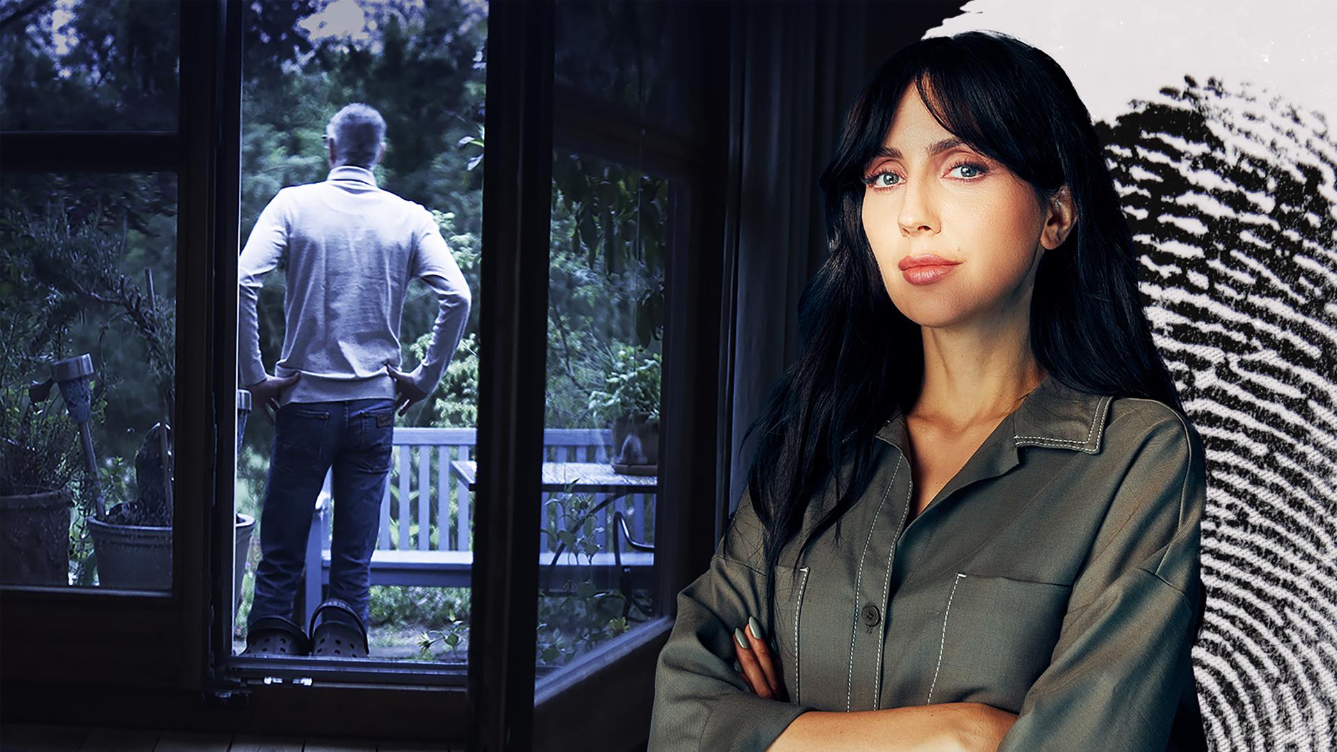 Collage: Paulina Krasa rechts, ein Mann, von hinten zu sehen, steht auf einer Terrasse links