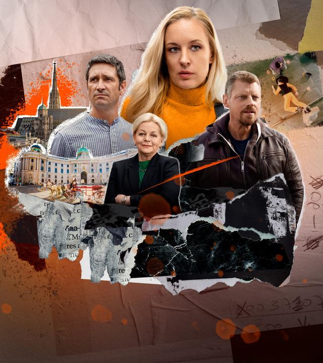 Das Vorschaubild zu „SOKO Wien“ zeigt das Ermittlerteam in einer kontrastreichen Collage vor einem warmen, orange-braunen Hintergrund mit angedeuteten Akten, Skizzen und Spuren. Von links nach rechts sind Klaus Lechner (Andreas Kiendl), Henriette Wolf (Brigitte Kren), Penny Lanz (Lilian Klebow), Max Herzog (Martin Gruber) zu sehen, die mit ernsten, fokussierten Blicken in unterschiedliche Richtungen schauen. Im Zentrum steht Penny Lanz, während hinter der Gruppe markante Wiener Wahrzeichen wie der Stephansdom und die Hofburg eingebunden sind und den Handlungsort deutlich verorten. Farbige Markierungen, zerrissene Papierstrukturen und Tatortdetails – etwa eine Kaffeetasse mit Spur – unterstreichen die kriminalistische Spannung der Serie.