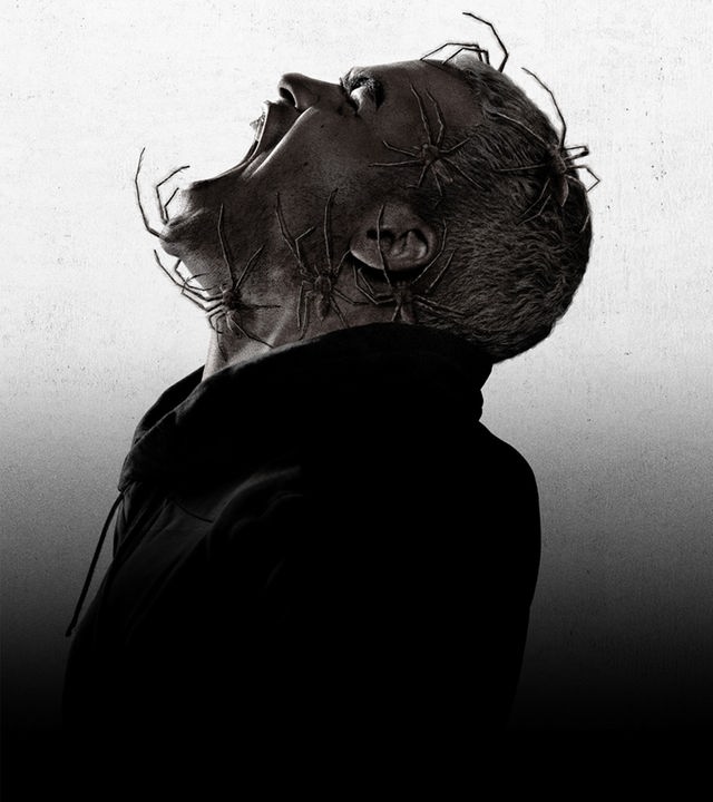 Plakatmotiv zum Film mit Kaleb (Théo Christine) "Spiders - Ihr Biss ist der Tod": Schwarz-Weiß-Foto: Kaleb (Théo Christine) steht vor einem neutralen Hintergrund. Er hat seinen Kopf im Profil in den Nacken gelegt und schreit mit geschlossenen Augen und weit geöffnetem Mund. Über seinen Kopf krabbeln zahlreiche Spinnen.