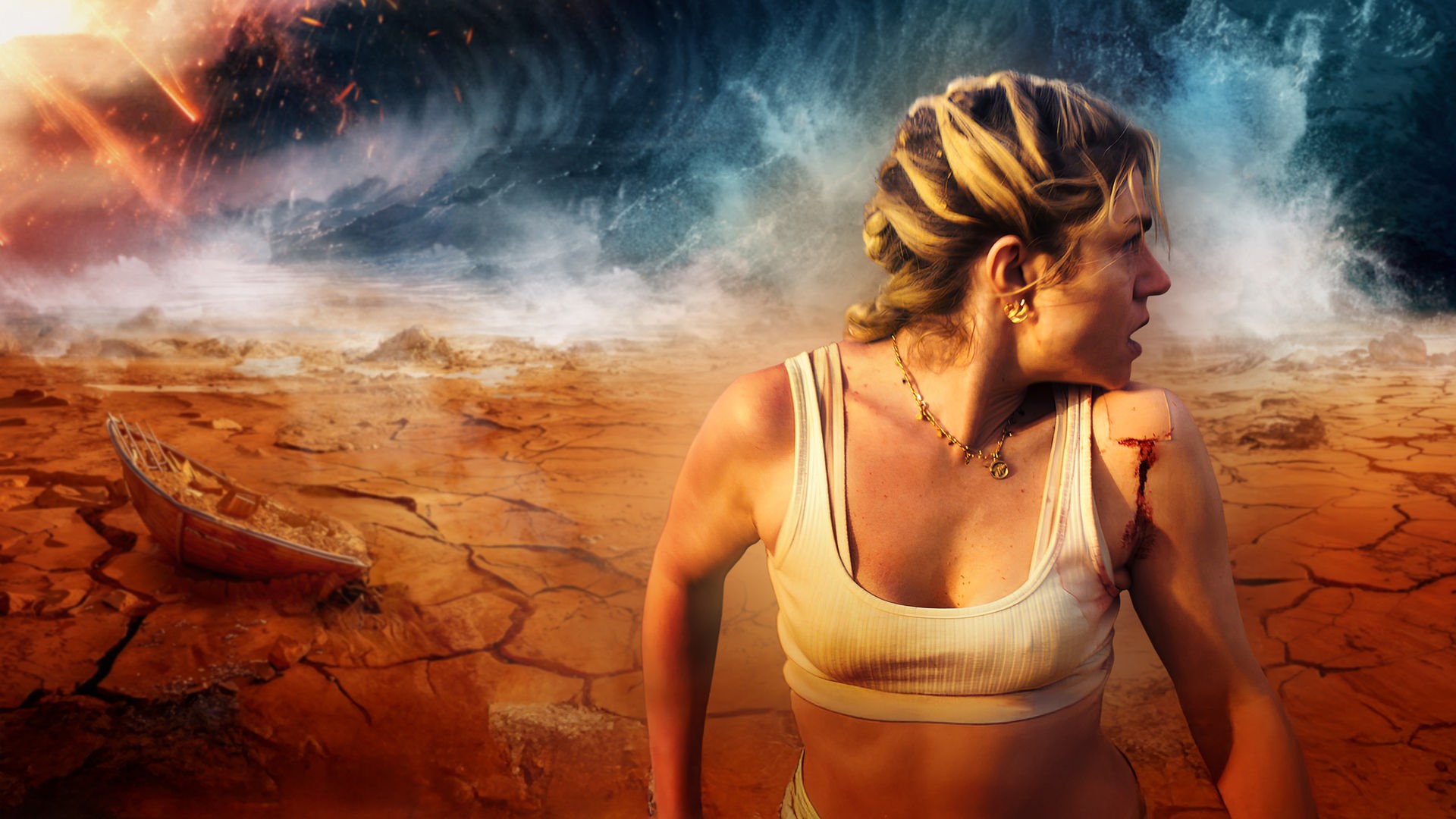 Filmposter zu einem Survival-Thriller, auf dem eine blonde Frau im weißen Trägertop mit einer blutenden Wunde an der Schulter zu sehen ist. Sie blickt alarmiert nach rechts über ihre Schulter, während im Hintergrund eine rissige, ausgetrocknete Wüstenlandschaft unter einem stürmischen Himmel liegt.