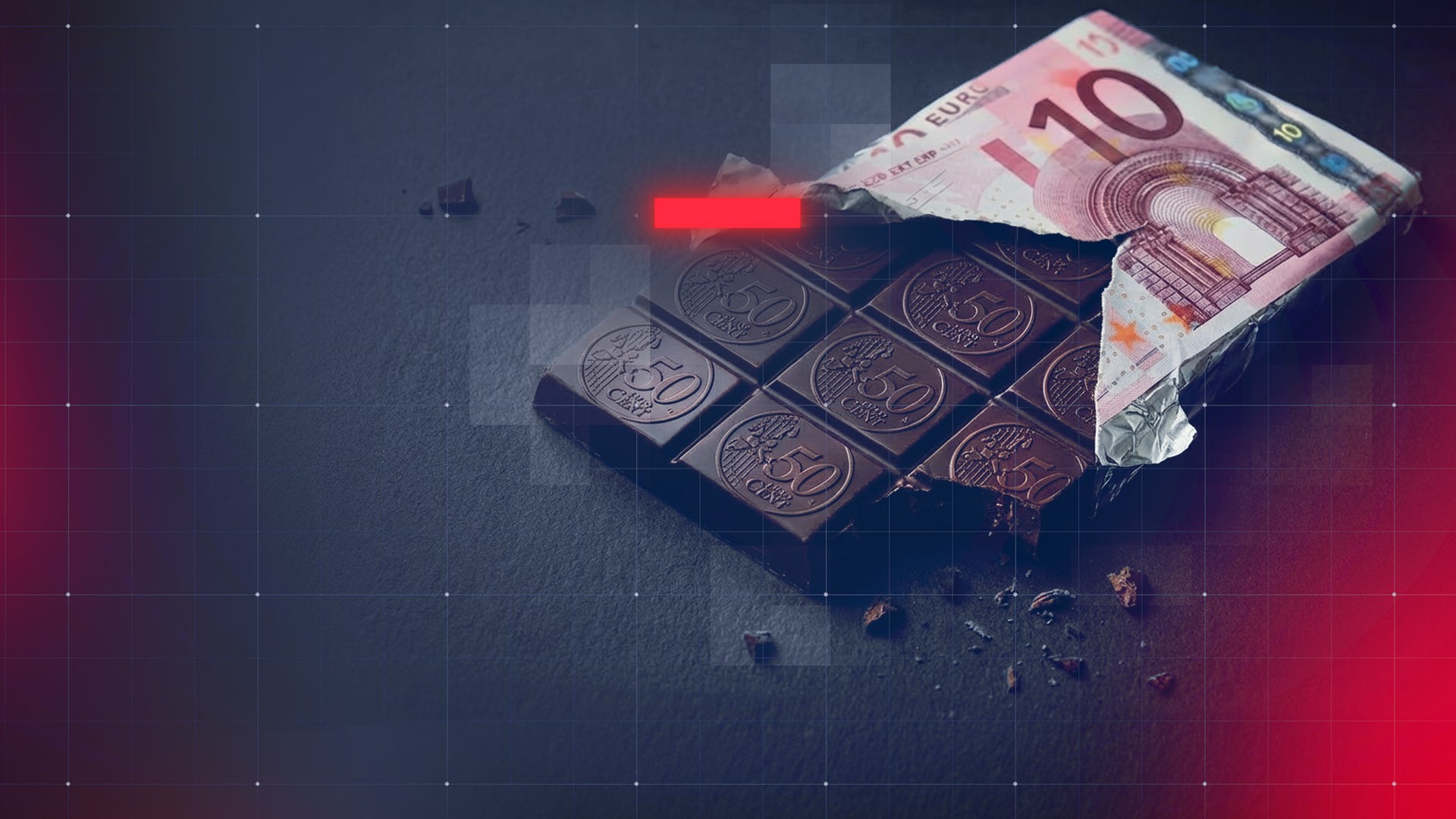 Eine Tafel Schokolade mit einer Umverpackung, auf der ein 10-Euro-Schein abgebildet ist. Die einzelnen Schokostücke tragen eine Prägung im Stil einer 50-Cent-Münze.