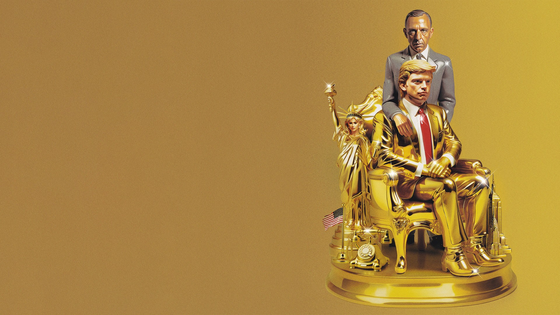 Ein goldener Donald Trump (Sebastian Stan) sitzt auf einem goldenen Sessel auf einem Podest vor gelbem Hintergrund. Direkt hinter dem Sessel steht Roy Cohn (Jeremy Strong), der einen Arm auf Trumps Schulter gelegt hat. Neben dem Sessel auf dem Podest steht eine goldene Freiheitsstatue und einem amerikanische Flagge.