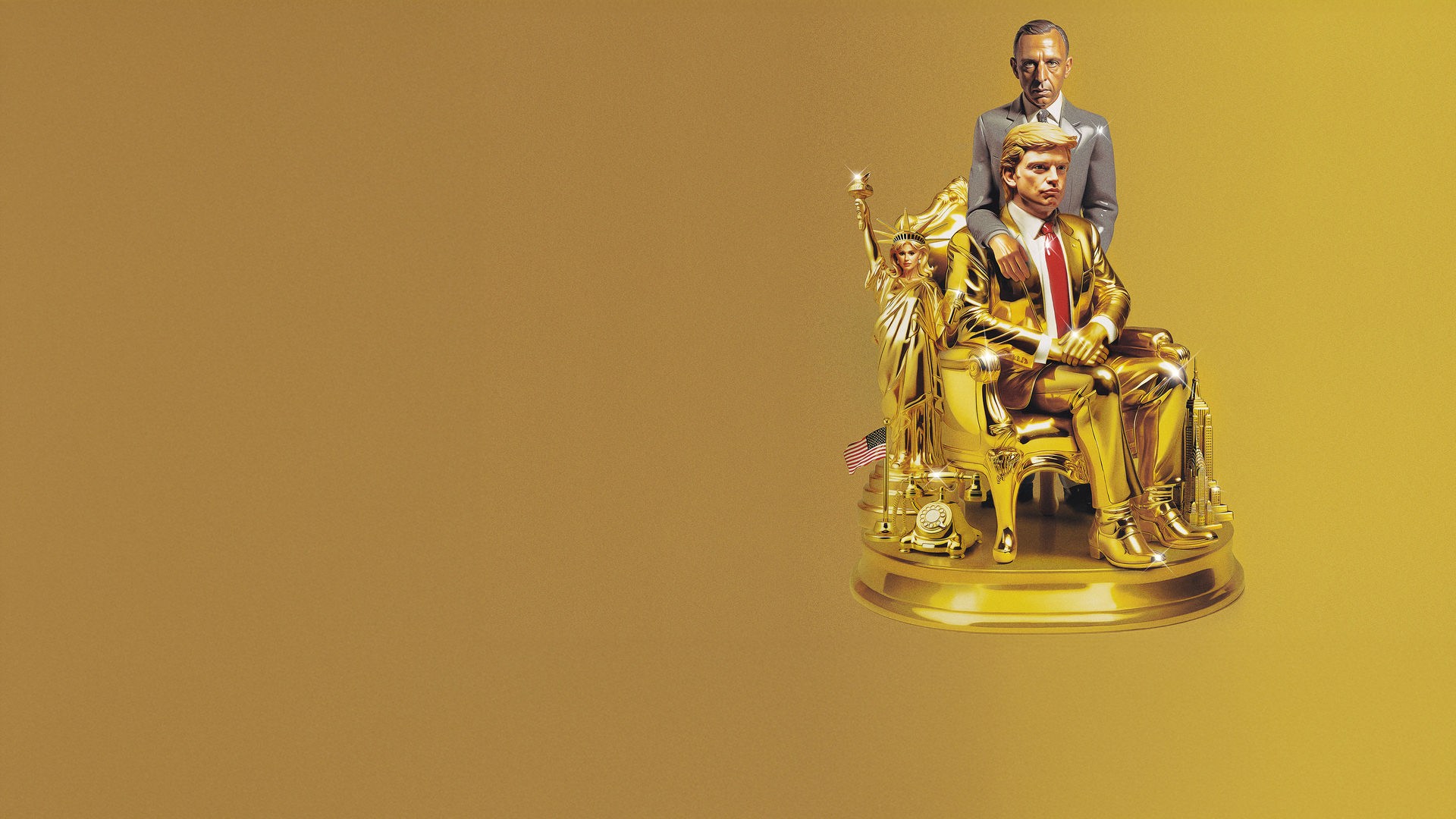 Ein goldener Donald Trump (Sebastian Stan) sitzt auf einem goldenen Sessel auf einem Podest vor gelbem Hintergrund. Direkt hinter dem Sessel steht Roy Cohn (Jeremy Strong), der einen Arm auf Trumps Schulter gelegt hat. Neben dem Sessel auf dem Podest steht eine goldene Freiheitsstatue und einem amerikanische Flagge.