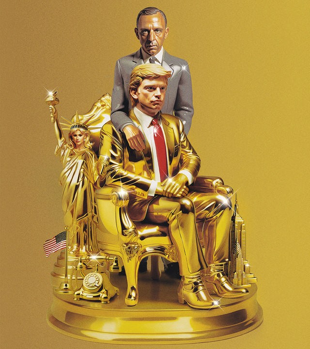 Ein goldener Donald Trump (Sebastian Stan) sitzt auf einem goldenen Sessel auf einem Podest vor gelbem Hintergrund. Direkt hinter dem Sessel steht Roy Cohn (Jeremy Strong), der einen Arm auf Trumps Schulter gelegt hat. Neben dem Sessel auf dem Podest steht eine goldene Freiheitsstatue und einem amerikanische Flagge.