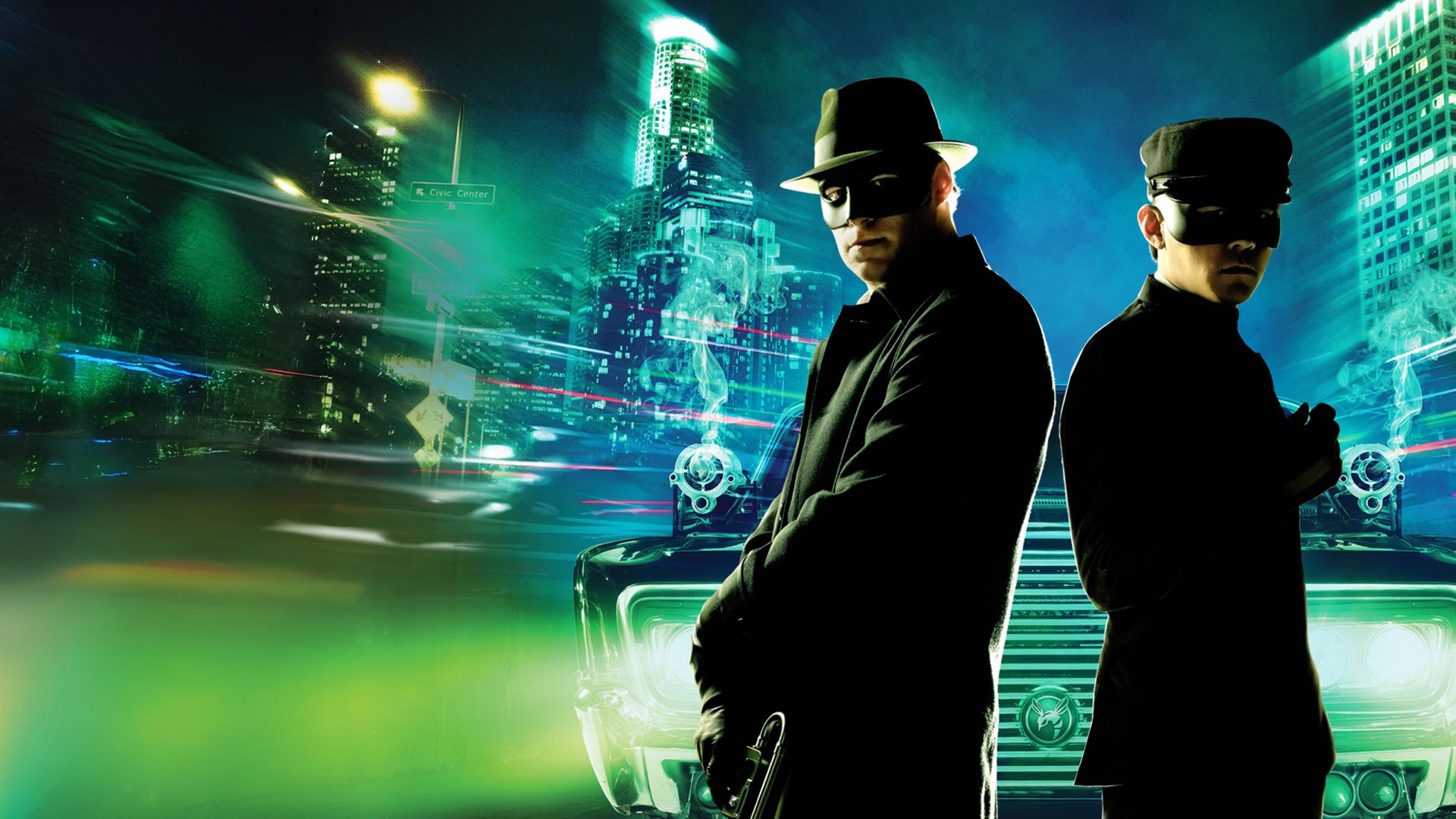Filmposter zu The Green Hornet: Das Poster zeigt die beiden maskierten Hauptdarsteller Seth Rogen und Jay Chou in dunklen Anzügen vor einem beleuchteten schwarzen Auto und einer nächtlichen Stadtkulisse unter dem grünen Filmtitel.